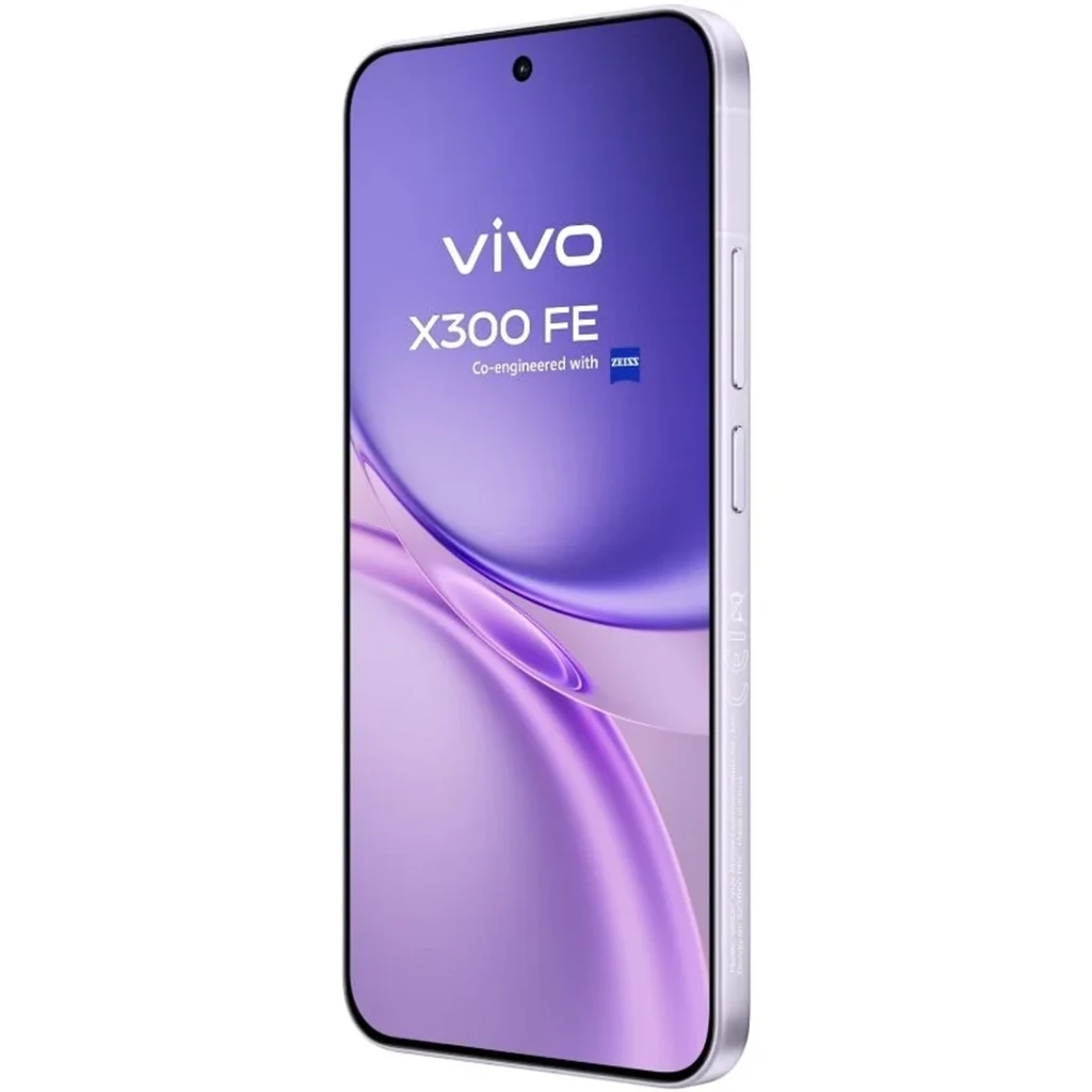 Vivo X300 FE 5G lila con pantalla curva casi sin bordes, cámara frontal en orificio centrado, marco metálico con botones laterales, logo Vivo y Zeiss en