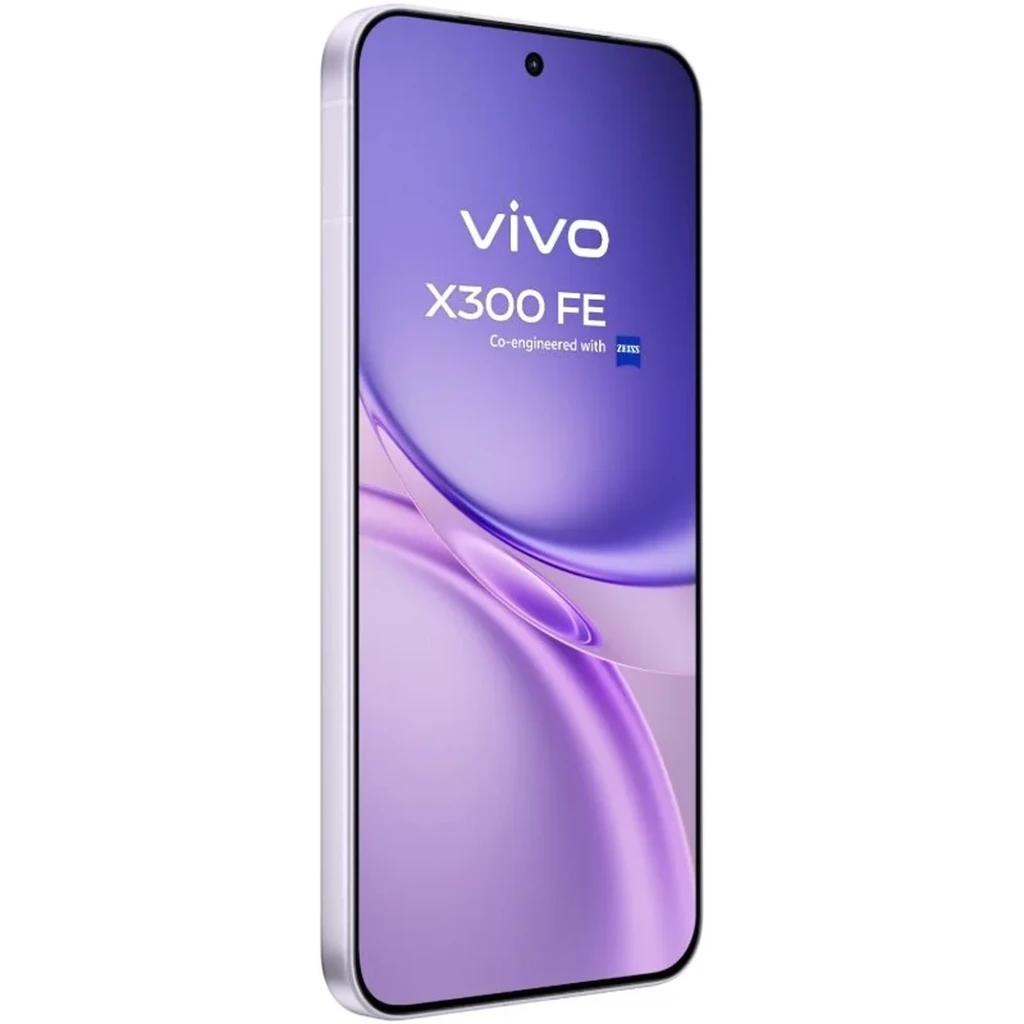 Vivo X300 FE 5G lila con pantalla curva casi sin marcos, cámara frontal en orificio central, borde metálico plateado y diseño elegante de 6.7 pulgadas