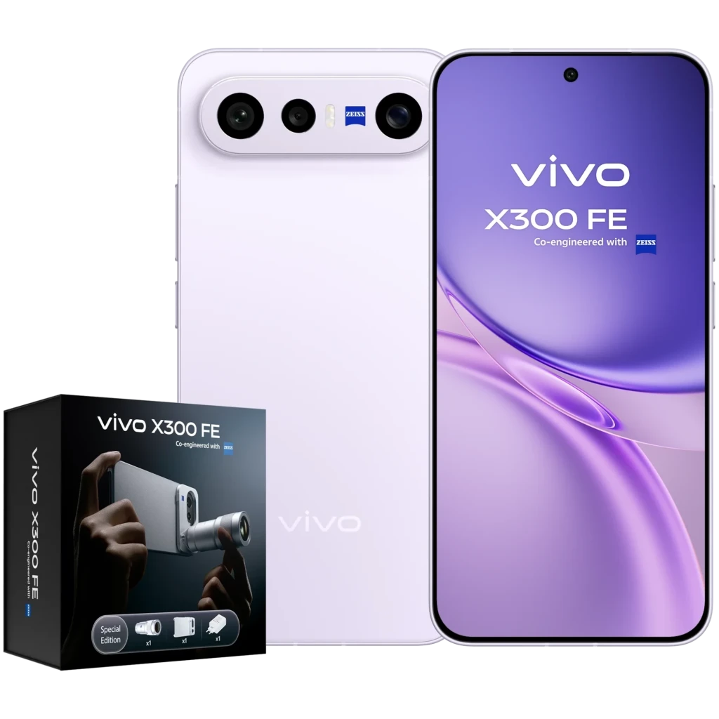 Vivo X300 FE 5G lila con pantalla amplia, triple cámara trasera ZEISS, frontal perforada, 512 GB y 12 GB RAM; incluye cargador 90W y kit fotográfico
