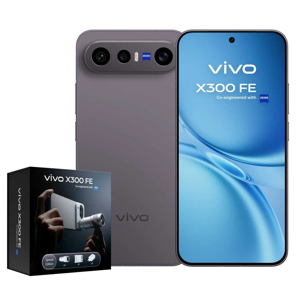 Vivo X300 FE 5G negro con triple cámara ZEISS, pantalla amplia con perforación central, incluye cargador 90W, batería 6500 mAh y kit fotográfico