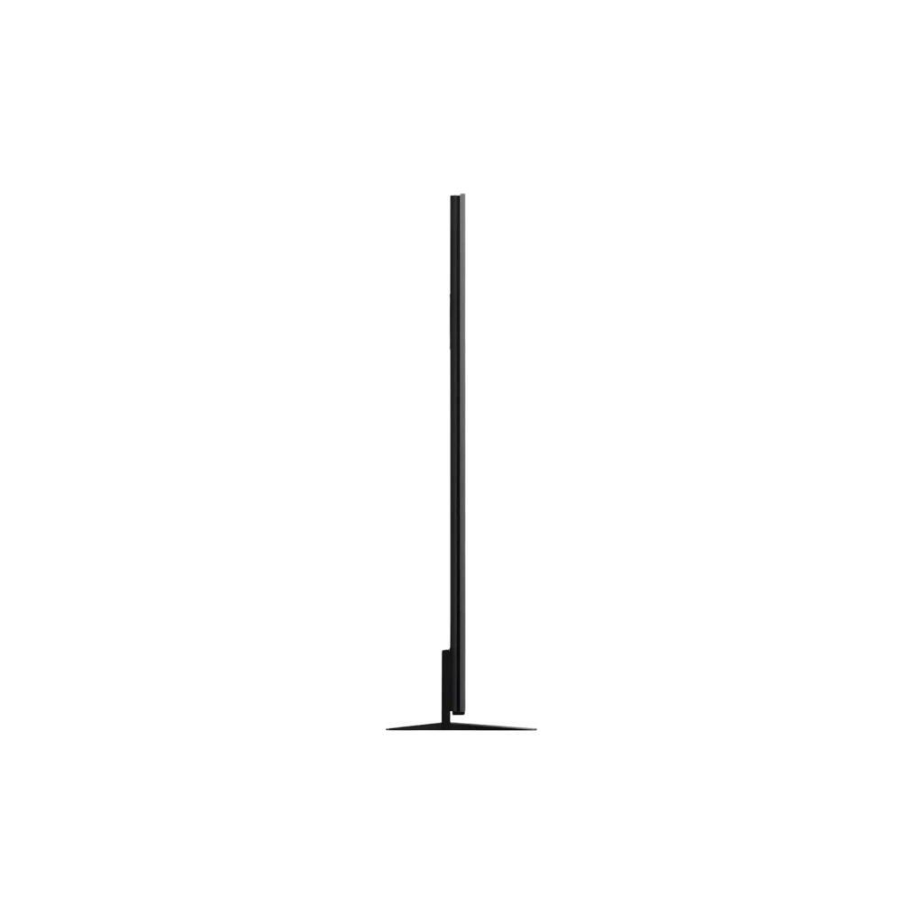 Perfil lateral del TCL 55C8L Smart TV QD‑Mini LED 55 4K AiPQ Pro negro, ultradelgado, biseles mínimos y base metálica central elegante