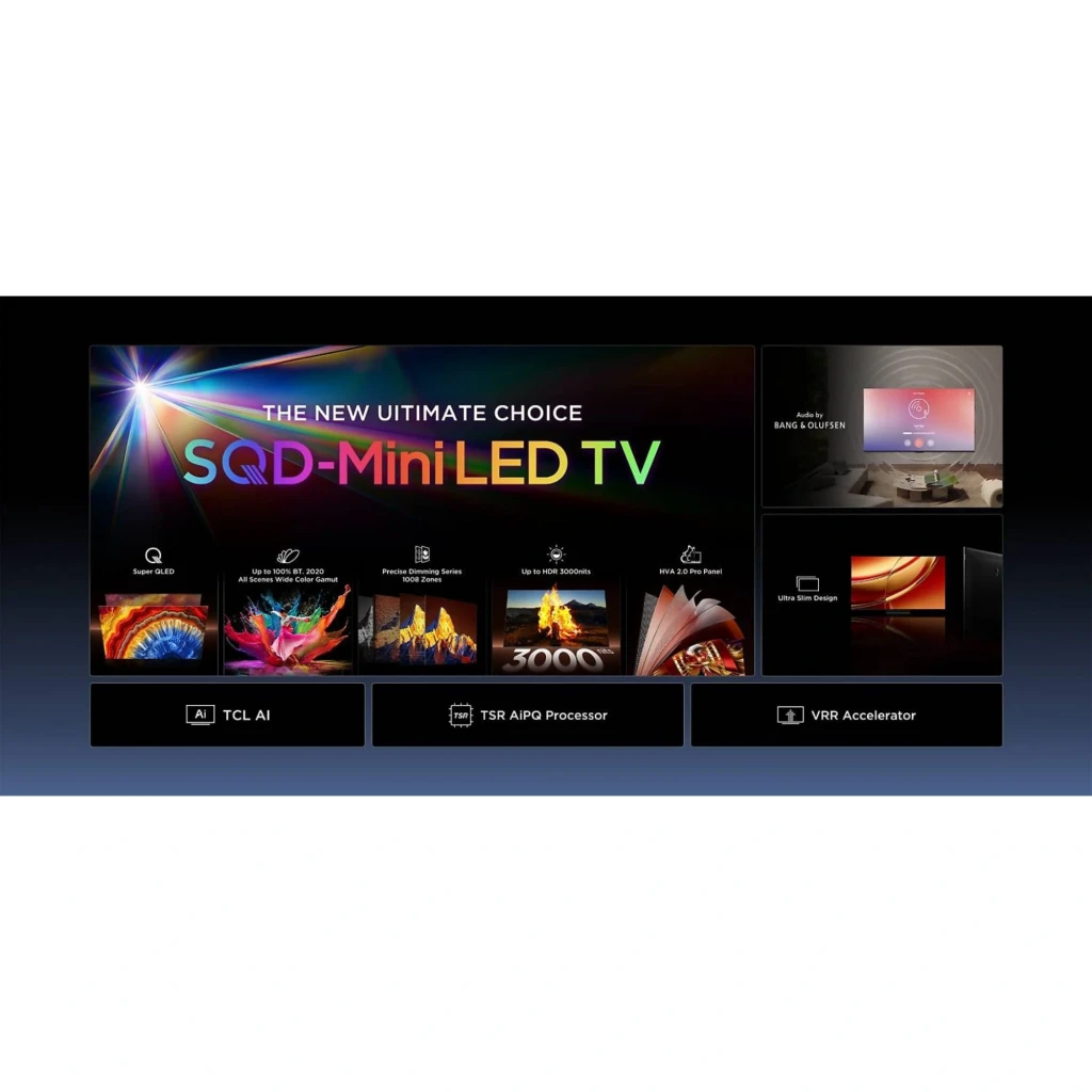 TCL 55C8L Smart TV QD-Mini LED 55 4K AiPQ Pro negro con panel de alto contraste, colores vivos, brillo potente, sonido Bang & Olufsen y VRR para juegos