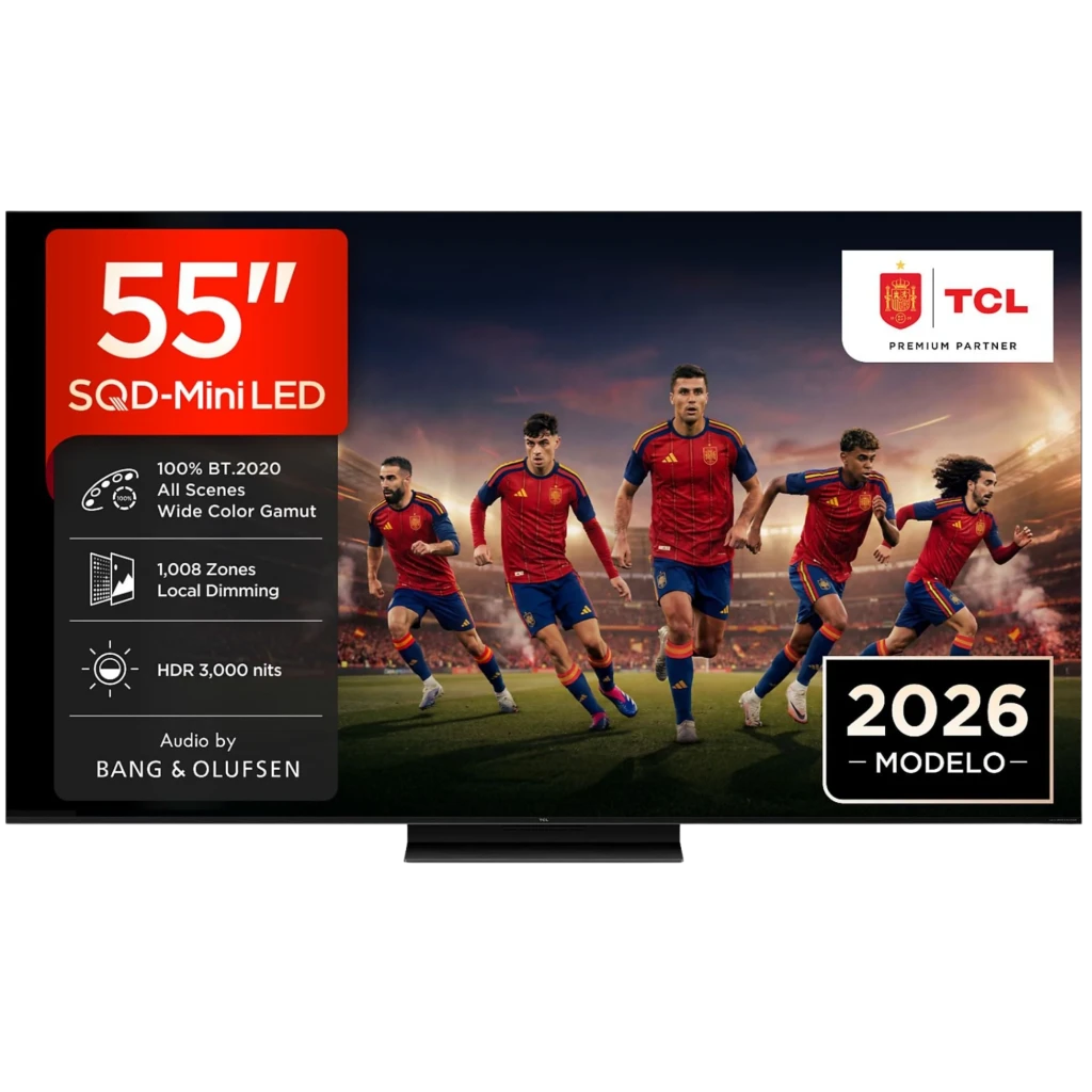 TCL 55C8L Smart TV QD‑Mini LED 55" 4K negro con biseles finos, HDR brillante hasta 3000 nits, atenuación local 1008 zonas y audio Bang & Olufsen