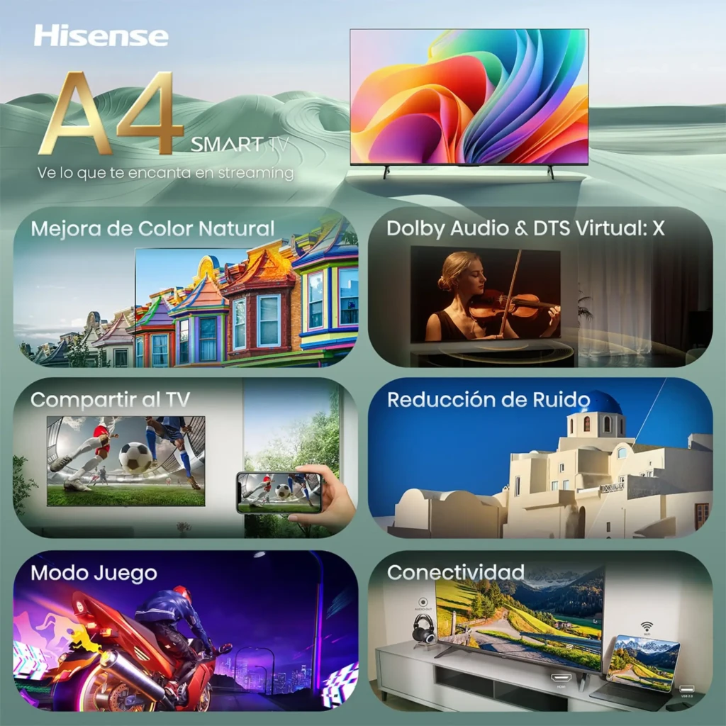 Hisense 40A4S Smart TV QLED 40" Full HD negro con biseles delgados, colores vibrantes, modo juego, audio Dolby DTS Virtual:X y múltiples opciones de