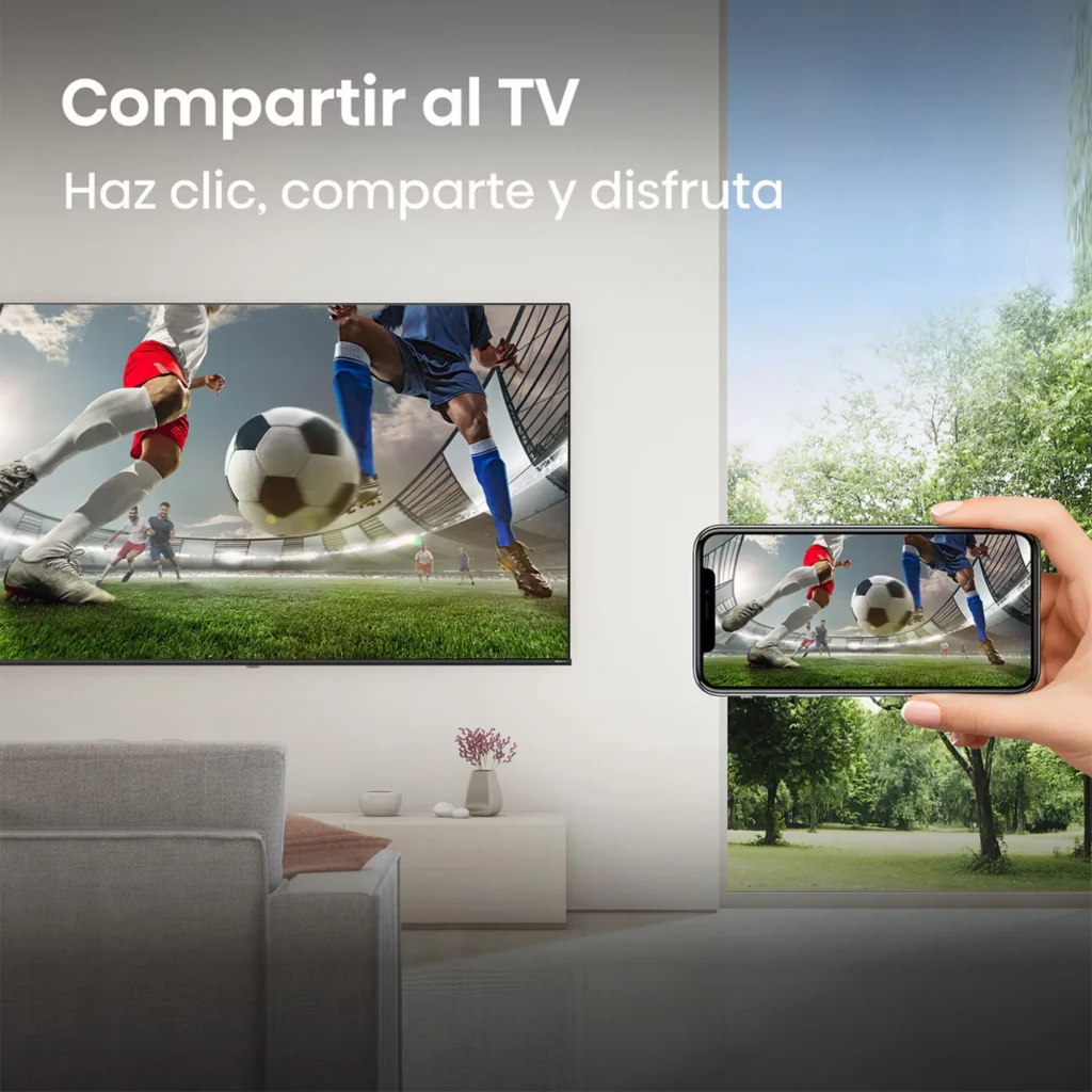 Hisense 40A4S Smart TV QLED 40 pulgadas Full HD negro, pantalla delgada en pared; móvil refleja contenido al televisor con imagen nítida y colores vivos