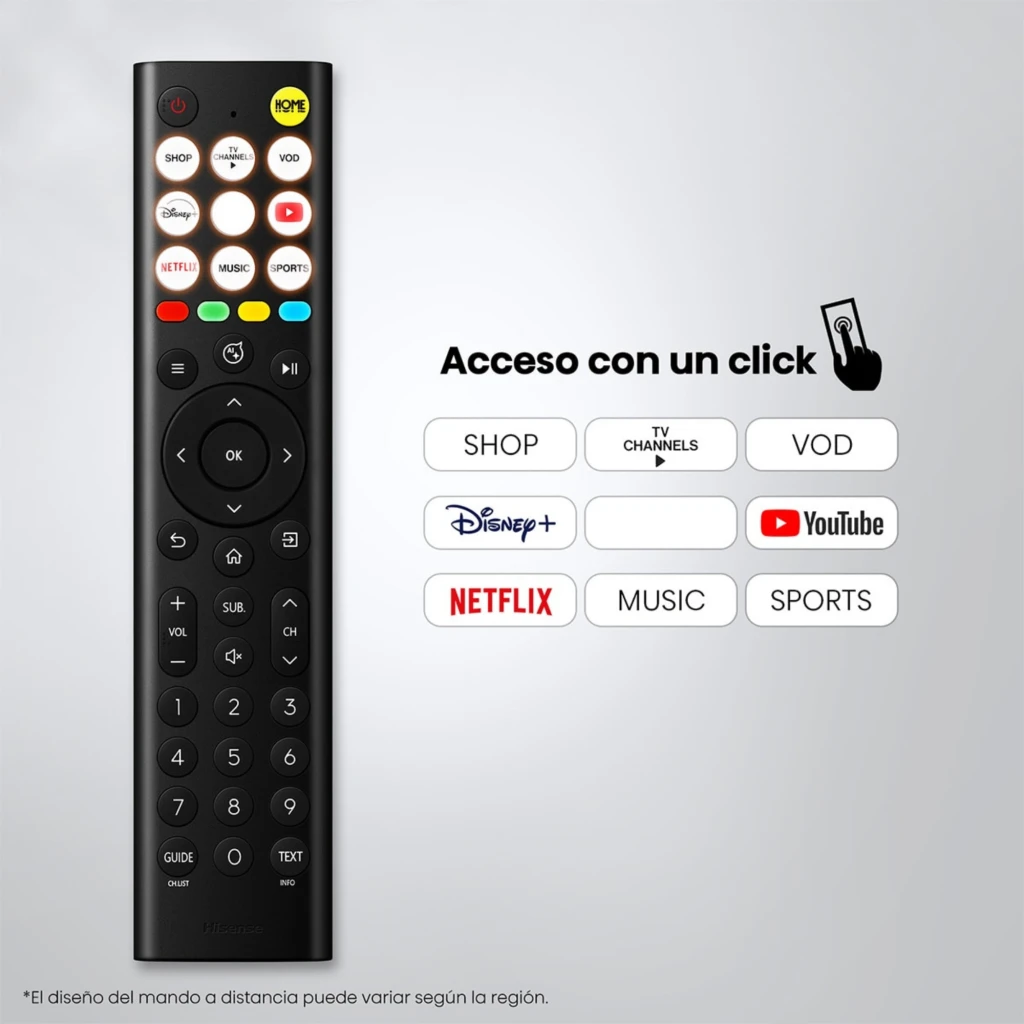 Control remoto Hisense 40A4S negro con botones dedicados a Netflix, YouTube, Disney+, VOD y más; diseño delgado, teclas retroiluminadas y acceso rápido a
