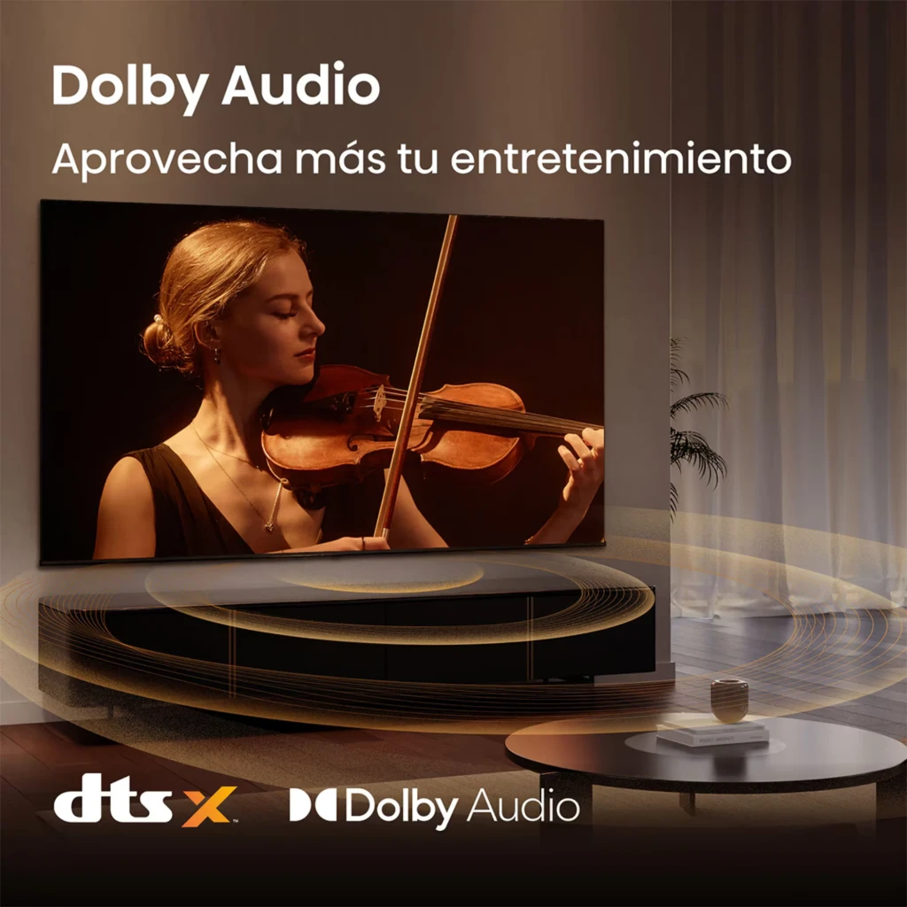 Hisense 40A4S Smart TV QLED 40" Full HD Negro con Dolby Audio y DTS:X; pantalla delgada, biseles finos y escena cálida con violinista en sala moderna