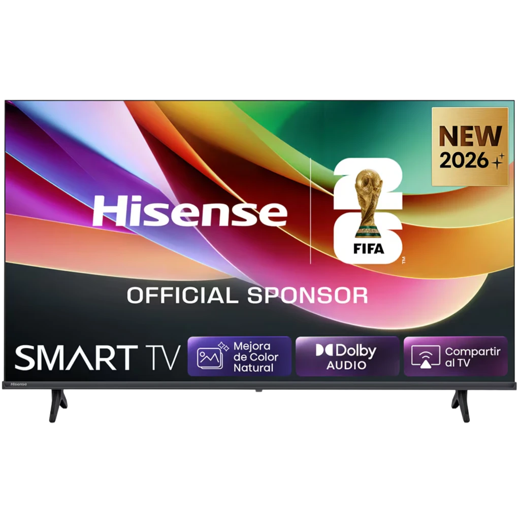 Hisense 40A4S Smart TV QLED 40 pulgadas Full HD en color negro, marcos delgados, soportes laterales, pantalla con colores vibrantes y logos de funciones en