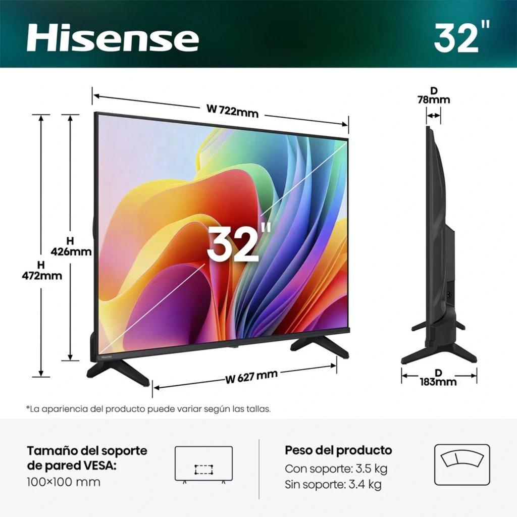 Hisense 32A4S Smart TV QLED 32 pulgadas Full HD en negro, biseles delgados, base doble, perfil delgado, medidas 722x472x183 mm, soporte VESA 100x100 mm