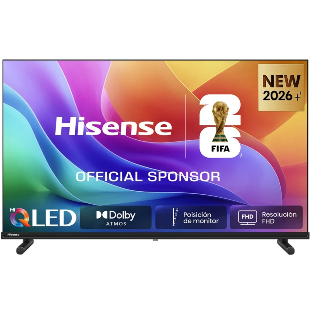 Téléviseur intelligent Hisense 32A5S QLED 32 pouces noir, écran FHD aux bords fins, pieds latéraux, logos FIFA 2026, Dolby Atmos et QLED affichés sur