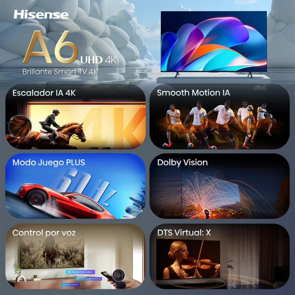 Hisense 50A6S Smart TV QLED 50 pulgadas 4K Ultra HD negro con Dolby Vision, Smooth Motion IA, Modo Juego Plus, control por voz y sonido DTS Virtual X