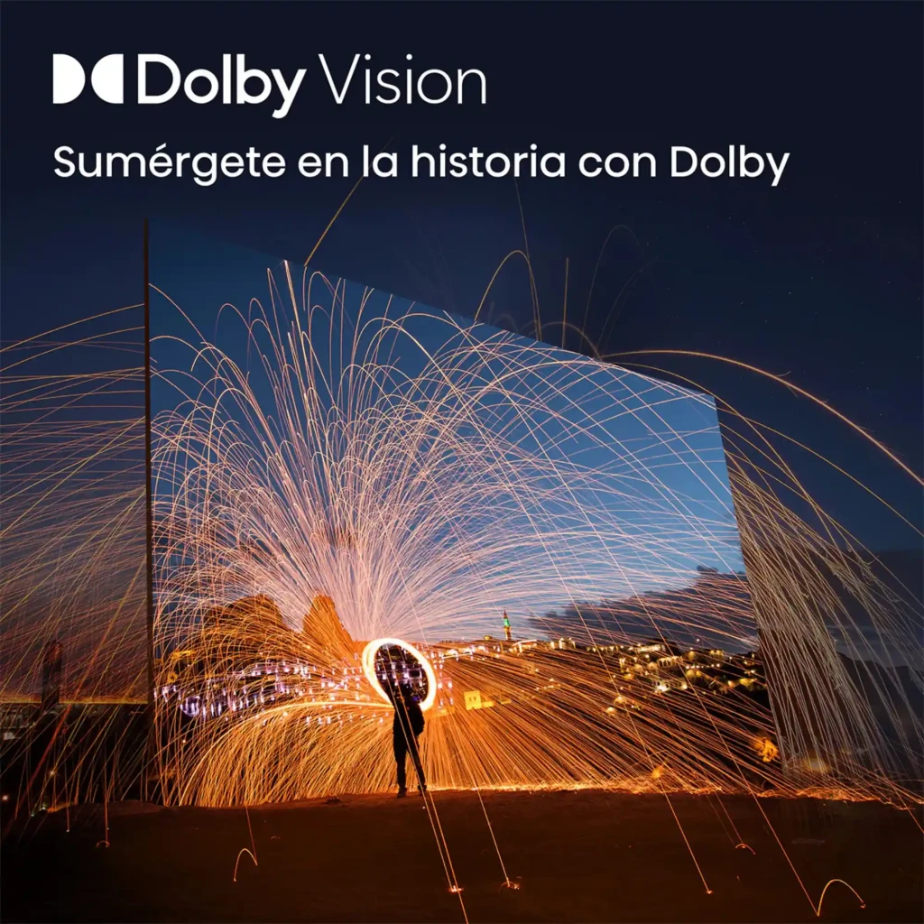 Hisense 50A6S Smart TV QLED 50 pulgadas 4K negro con marco delgado; pantalla vibrante con chispas naranjas sobre paisaje nocturno y logo Dolby Vision