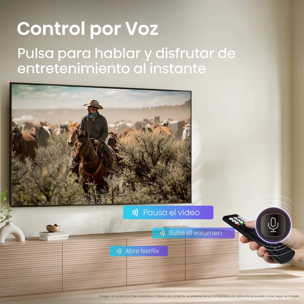 Hisense 50A6S Smart TV QLED 50 pulgadas 4K Ultra HD negro con biseles finos, montado en pared; mando a distancia con botón de voz en primer plano