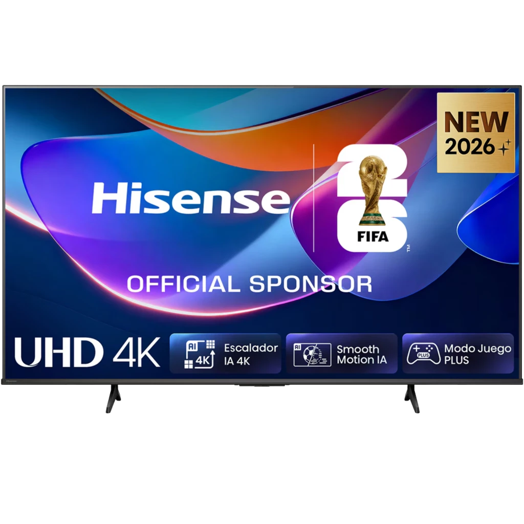Hisense 50A6S Smart TV QLED 50 pulgadas 4K Ultra HD en negro, biseles delgados, peana doble, logos FIFA 2026, íconos IA 4K, Smooth Motion y Modo Juego Plus