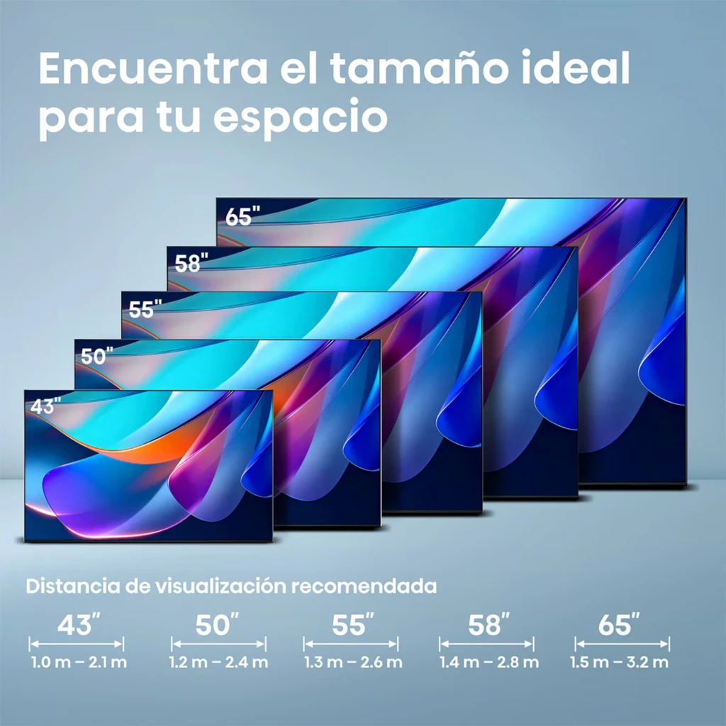 Hisense 50A6S Smart TV QLED 50 pulgadas 4K Ultra HD negro con biseles delgados; pantalla vibrante. Guía de distancias de visualización comparativa en