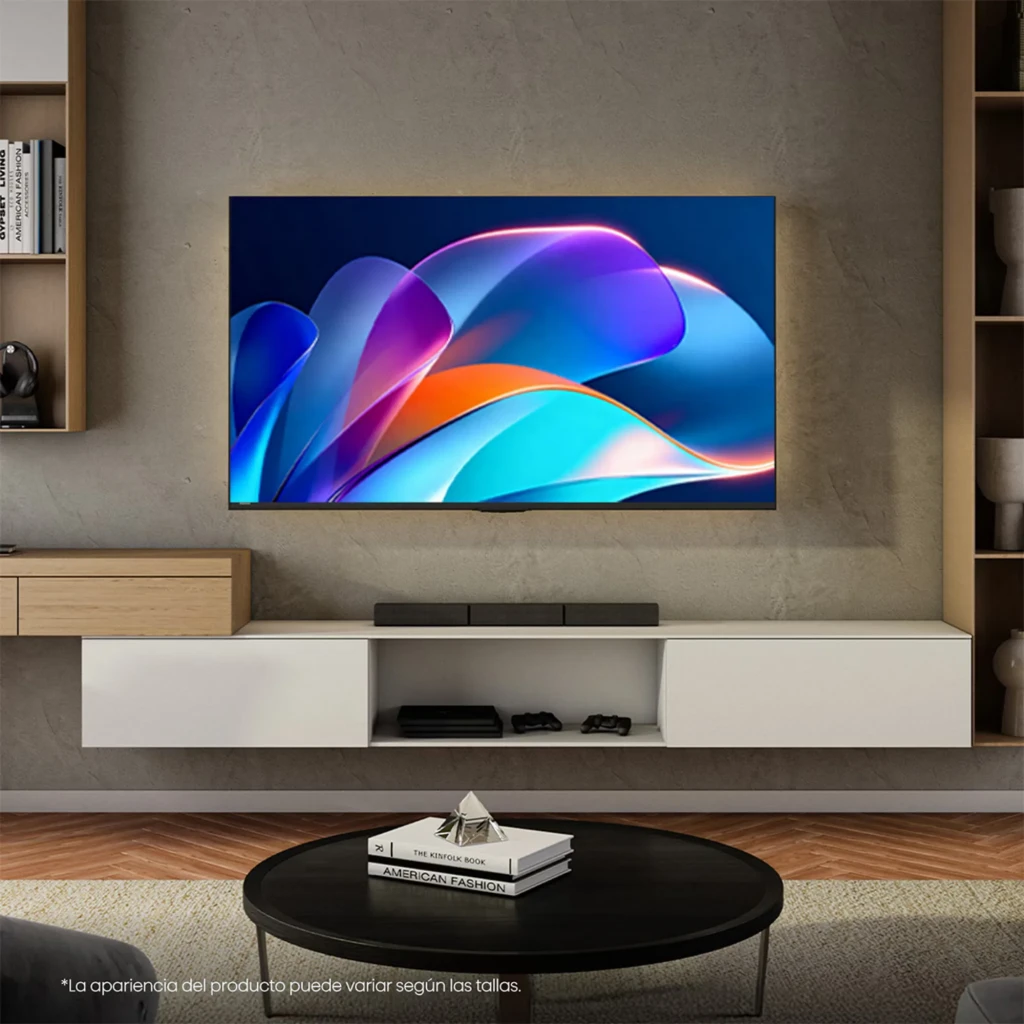 Hisense 50A6S Smart TV QLED de 50 pulgadas, 4K Ultra HD, color negro, bordes delgados y pantalla vibrante montada en pared sobre mueble minimalista