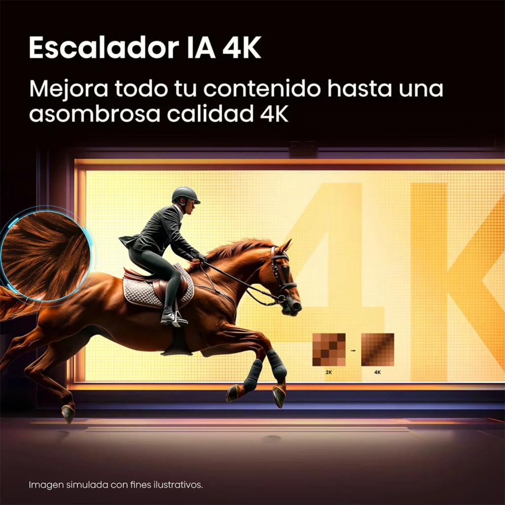 Hisense 50A6S Smart TV QLED 50 pulgadas 4K negro con escalador IA 4K; pantalla grande y nítida mostrando jinete a caballo en movimiento dinámico