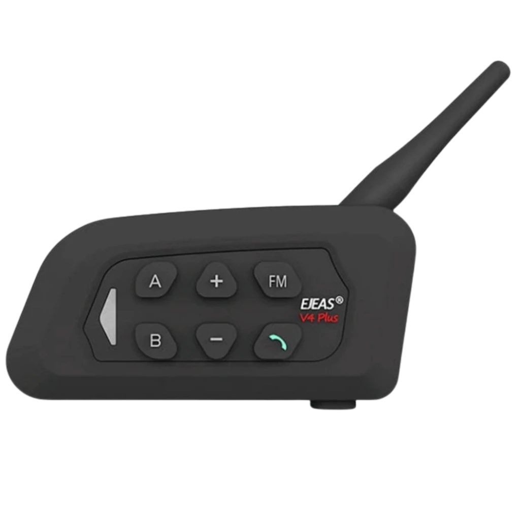 Intercomunicador moto EJEAS V4 Plus negro con antena, botones grandes A/B, volumen +/-, FM y llamada, diseño compacto para casco, Bluetooth 5.1, alcance 1500 m