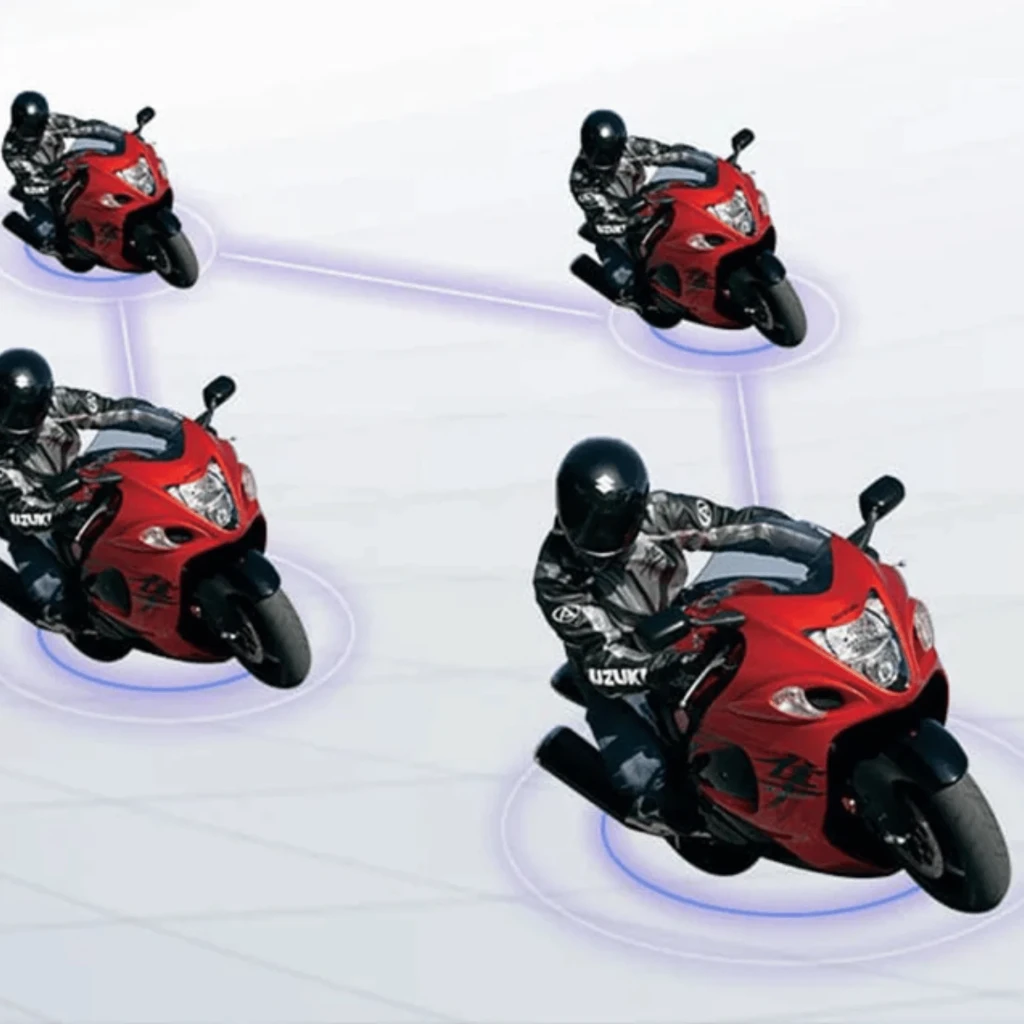 EJEAS V4 Plus intercom moto Bluetooth 5.1, conexión entre 4 pilotos hasta 1500 m, ilustrado con cuatro motoristas enlazados en red sobre fondo claro