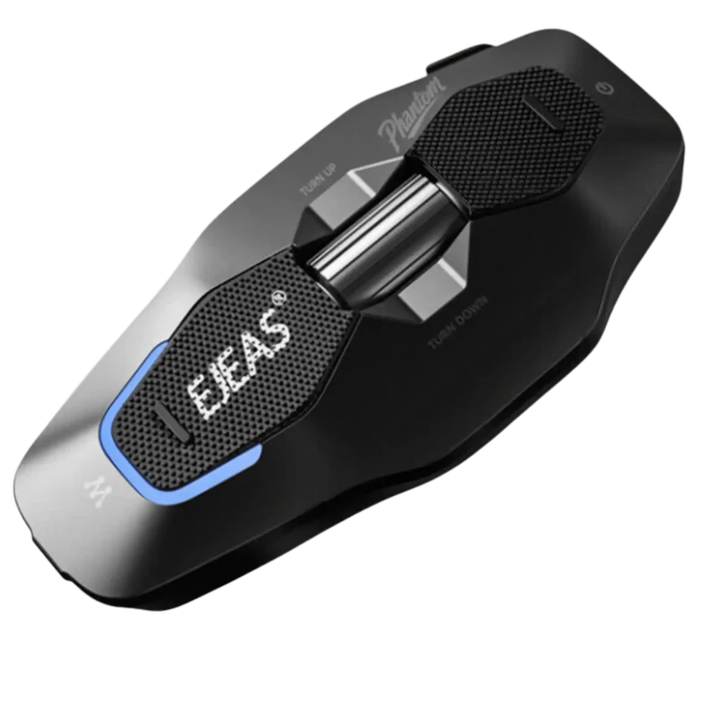 EJEAS X10 Plus negro con cuerpo aerodinámico, dial central plateado, dos teclas antideslizantes Turn Up y Turn Down, detalle azul y botón de encendido