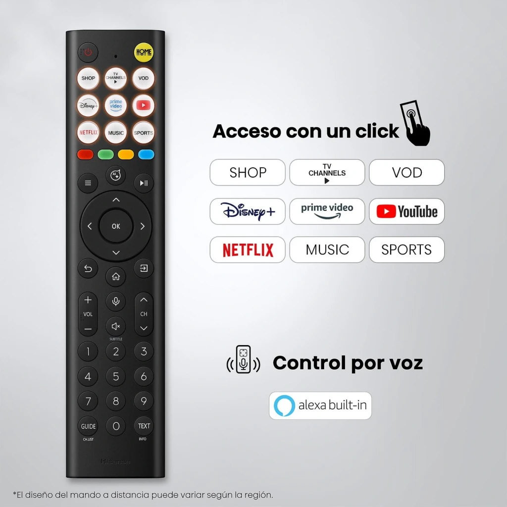 Control remoto Hisense 43E79S con botones de acceso directo a apps, rueda de navegación y micrófono para control por voz con Alexa integrado