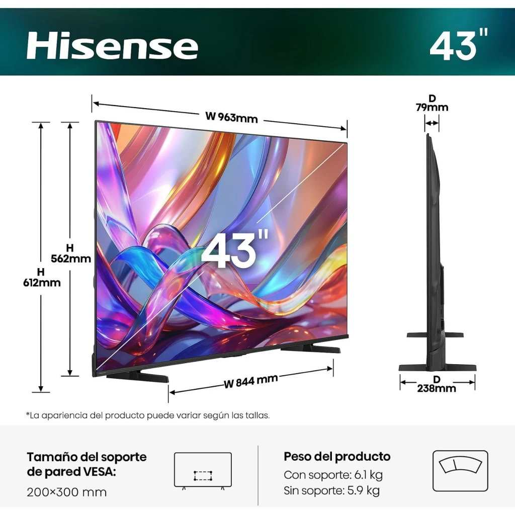 Hisense 43E79S Smart TV QLED 43 pulgadas 4K Ultra HD con biseles delgados, panel delgado, peanas dobles y colores vivos en pantalla vibrante