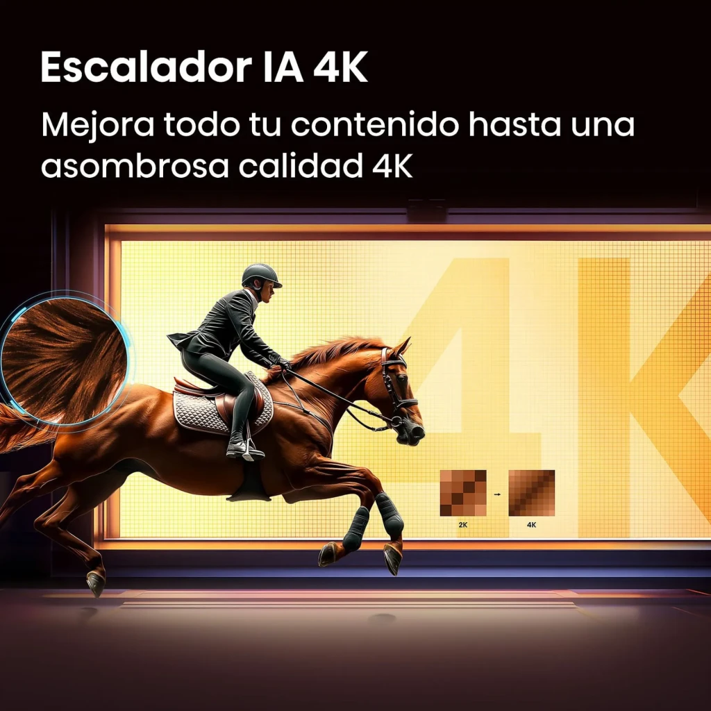 Hisense 43E79S Smart TV QLED 43 pulgadas 4K Ultra HD con escalador IA 4K, colores vivos y detalle nítido en movimiento sobre fondo dorado con 4K destacado