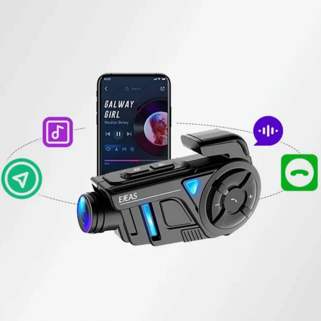 EJEAS K1Pro: módulo negro con cámara 2K frontal, rueda lateral, botones azules y luz LED, mostrando conexión a música, llamadas, navegación y voz en móvil