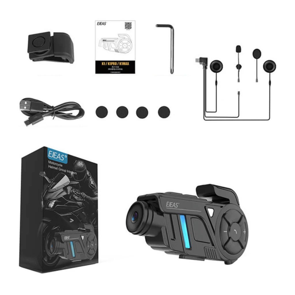 EJEAS K1Pro: módulo para casco con cámara 2K, botón remoto, micrófonos y altavoces, rueda de control, ranura microSD, puerto USB y accesorios de montaje
