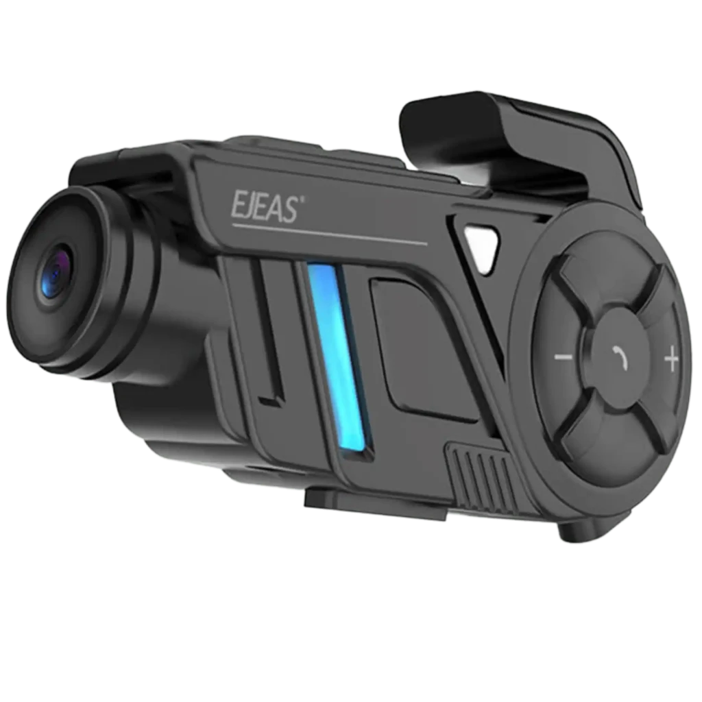EJEAS K1Pro en negro con cámara 2K frontal, rueda de control lateral, botón +, luz LED azul y clip superior; diseño robusto para casco de moto