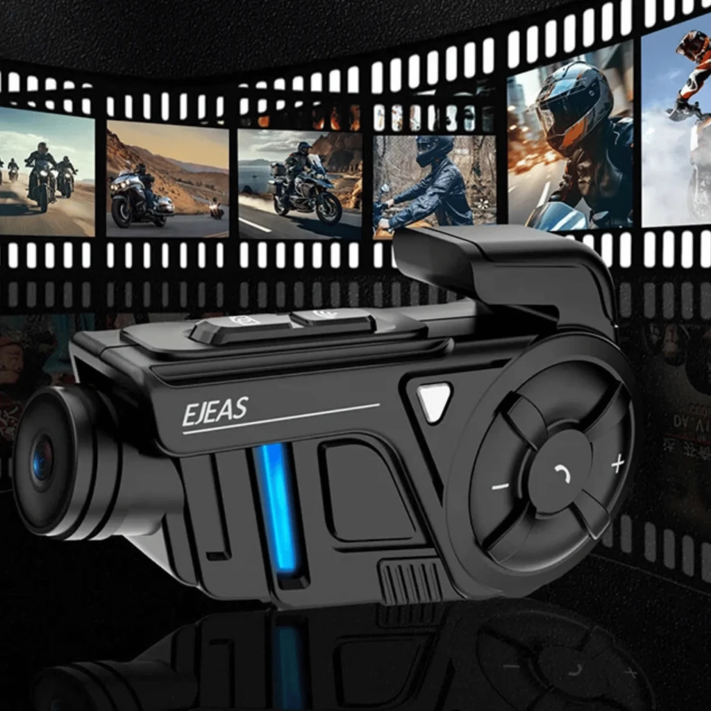 EJEAS K1Pro negro con cámara 2K lateral, rueda de control grande, botones superiores y luz LED azul; carcasa robusta estilo acción para casco de moto