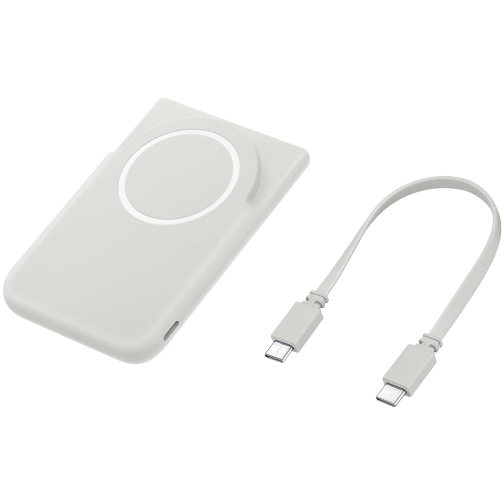 Power bank magnético gris compacto con anillo de alineación, acabado mate y puerto USB-C; incluye cable USB-C a USB-C corto; diseño minimalista portátil