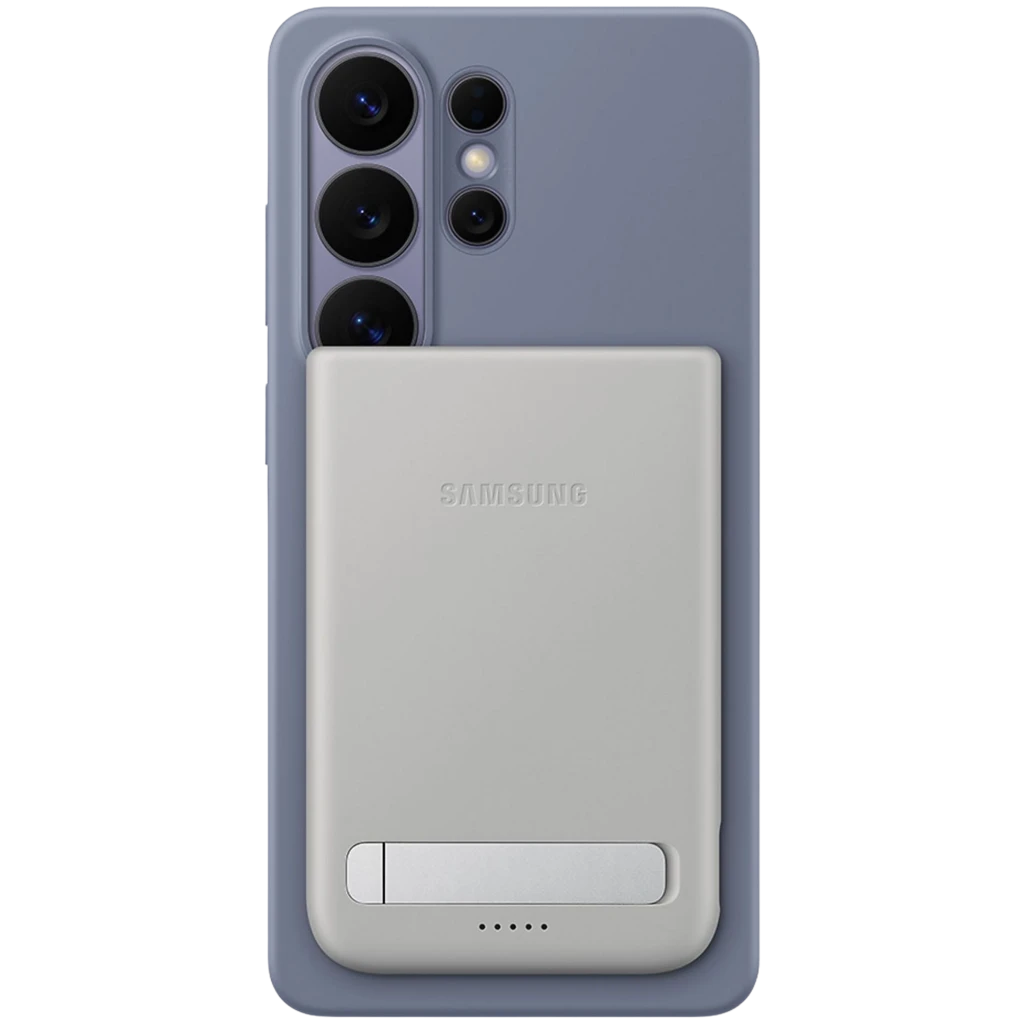 Power bank magnético gris compacto con base metálica y LED de carga, adherido a la trasera de un smartphone; diseño minimalista USB-C 5000 mAh 25 W