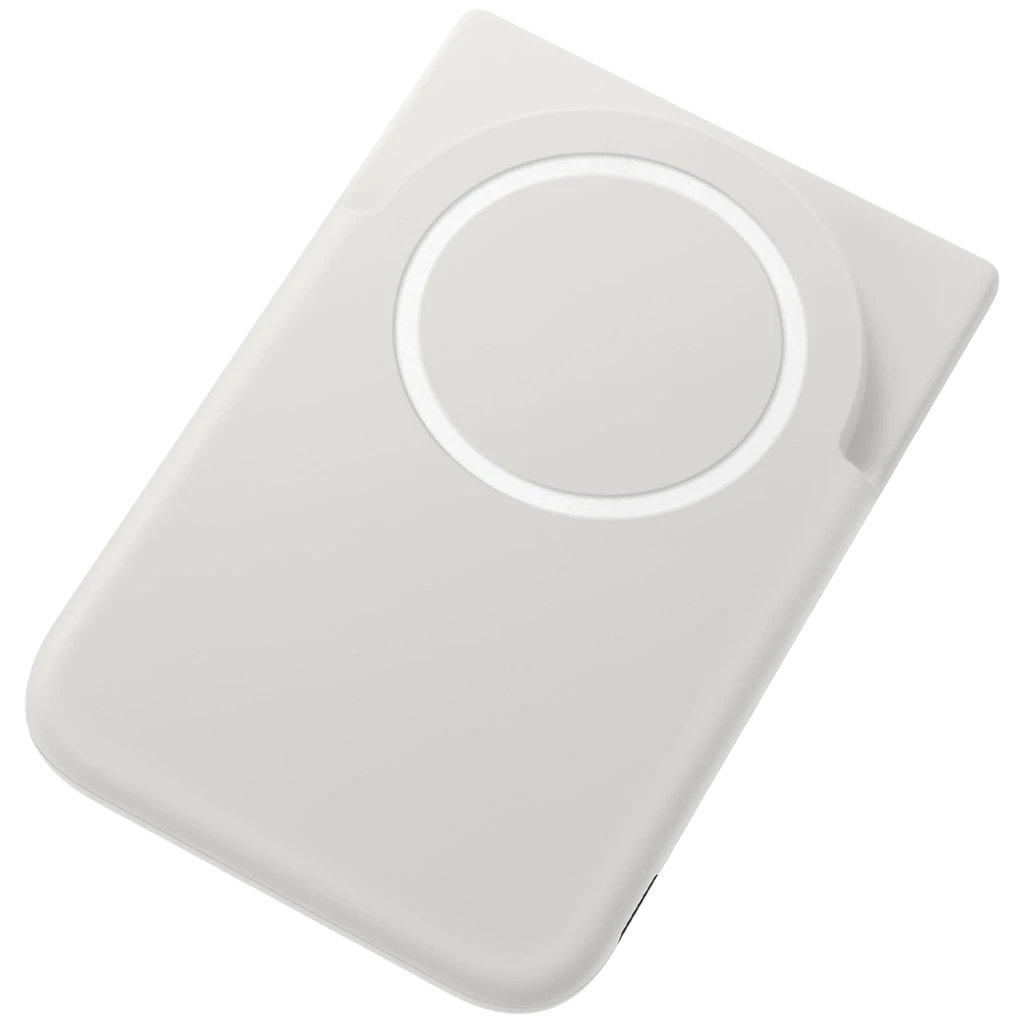Power bank magnético gris compacto con anillo de alineación, acabado mate y bordes redondeados; diseño delgado USB-C de 5000 mAh y carga rápida 25 W
