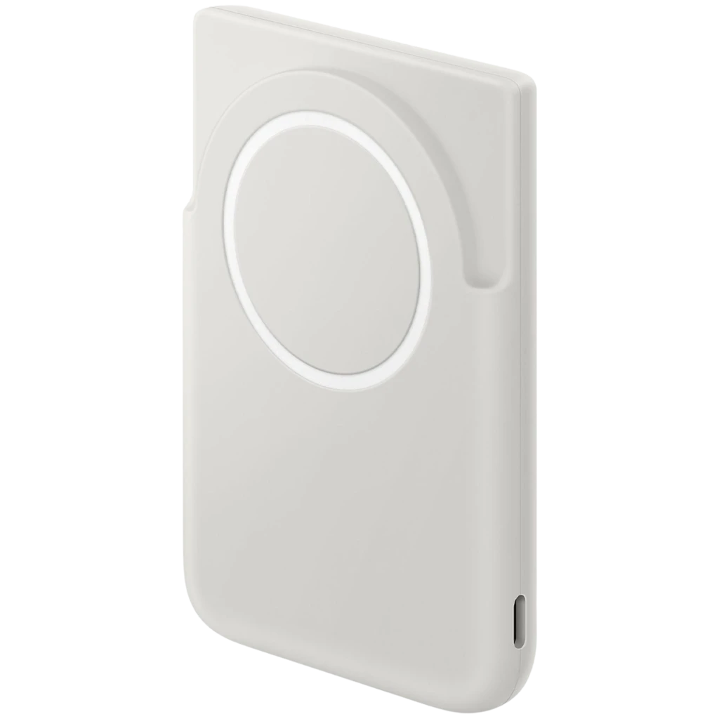 Batería portátil magnética gris con acabado liso, anillo circular de alineación y puerto USB C lateral; diseño delgado y compacto de 5000 mAh y 25 W