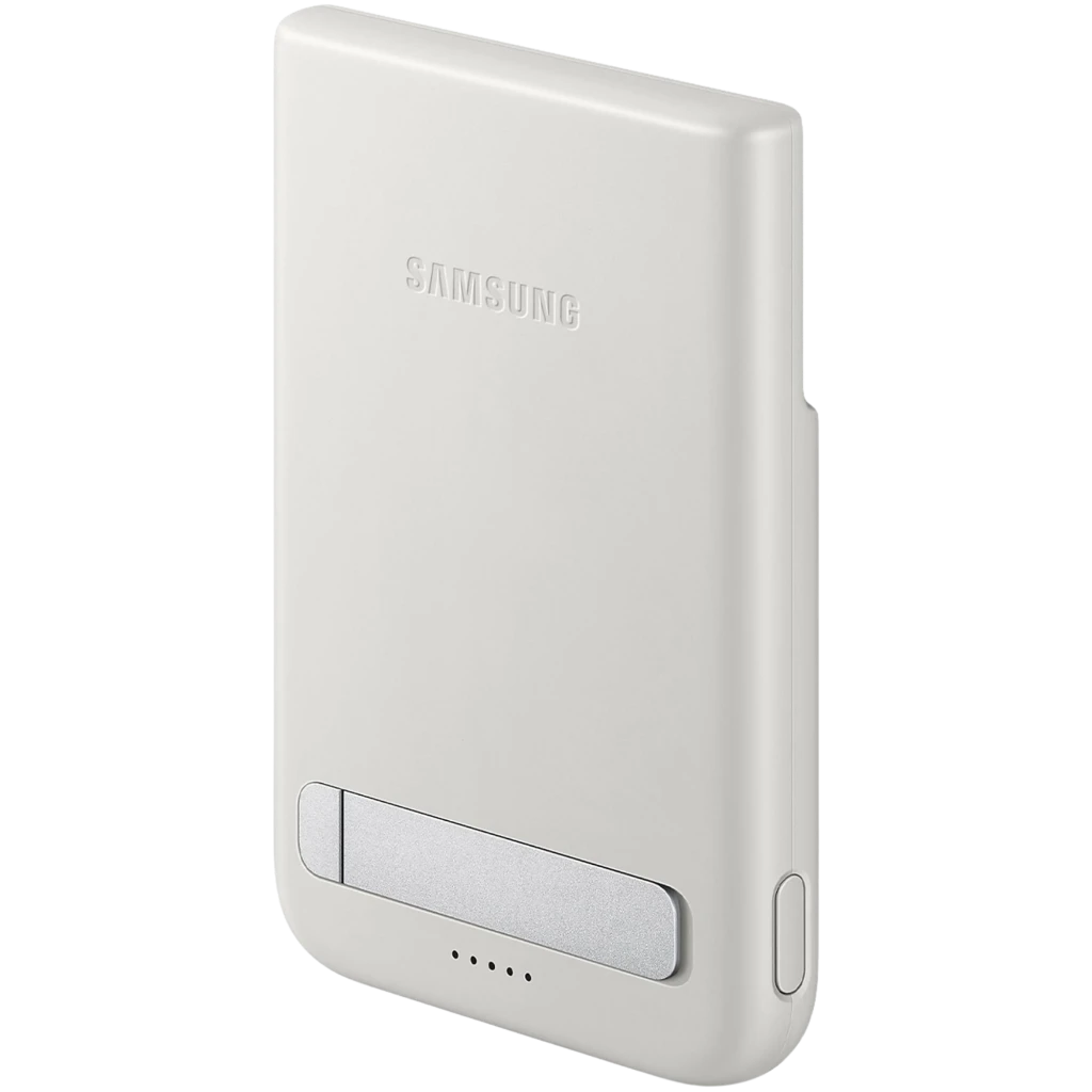Batería externa gris compacta con acabado mate, logo Samsung grabado, botón lateral, indicador LED y base magnética alineada para carga USB-C 25 W 5000 mAh