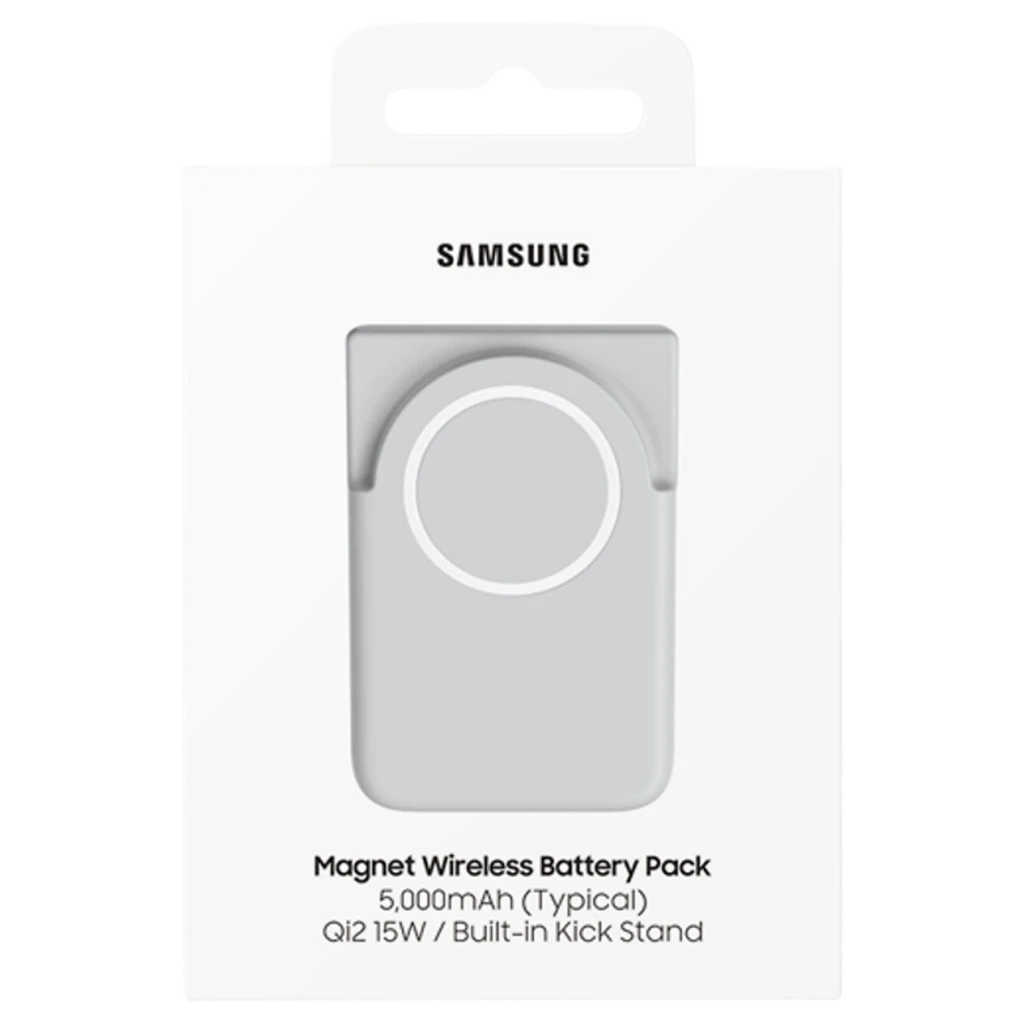 Batería magnética Samsung gris con aro de alineación, 5000 mAh, soporte plegable integrado y carga inalámbrica Qi2 15 W; compacta y USB-C