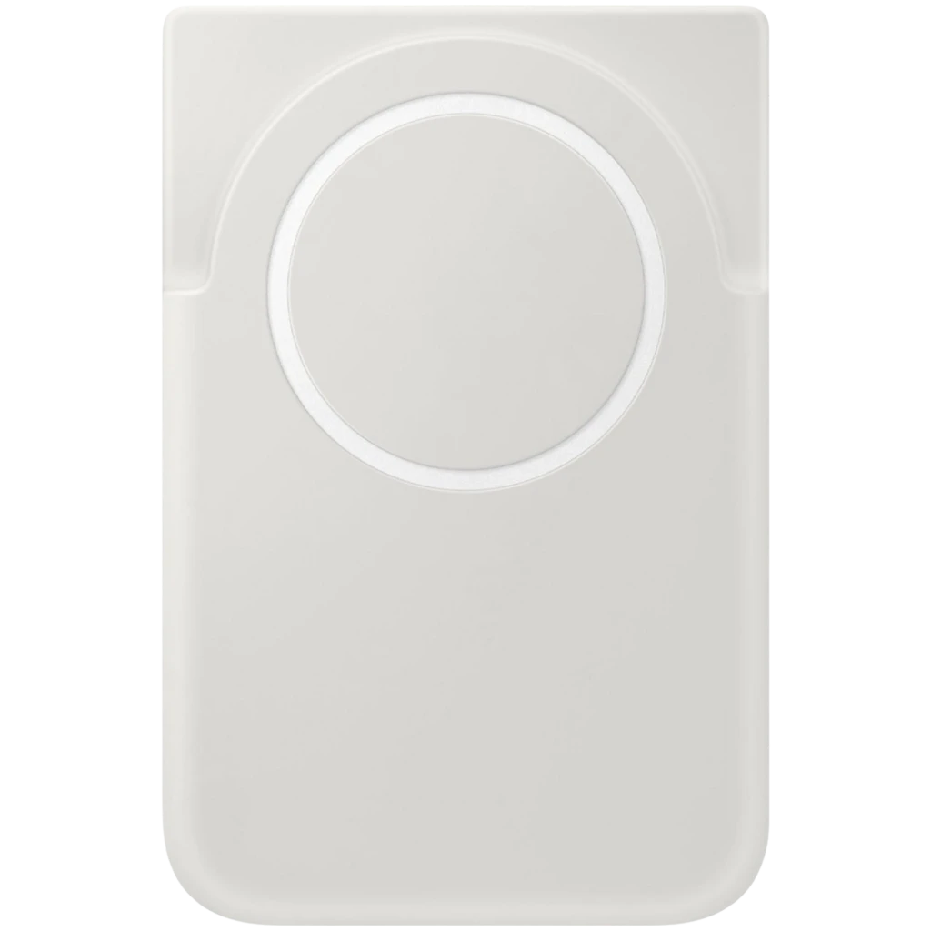Power bank magnético gris con aro circular para alineación, acabado liso minimalista, puerto USB-C, compacto y delgado para carga rápida 25 W 5000 mAh