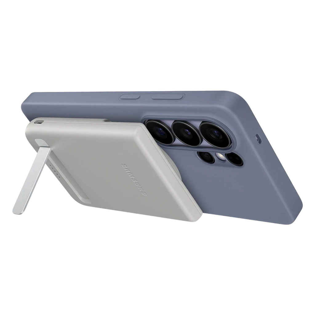 Power bank magnético gris con soporte plegable, acoplado a smartphone. Cuerpo compacto, acabado mate, puerto USB-C y carga rápida 25 W, 5000 mAh.