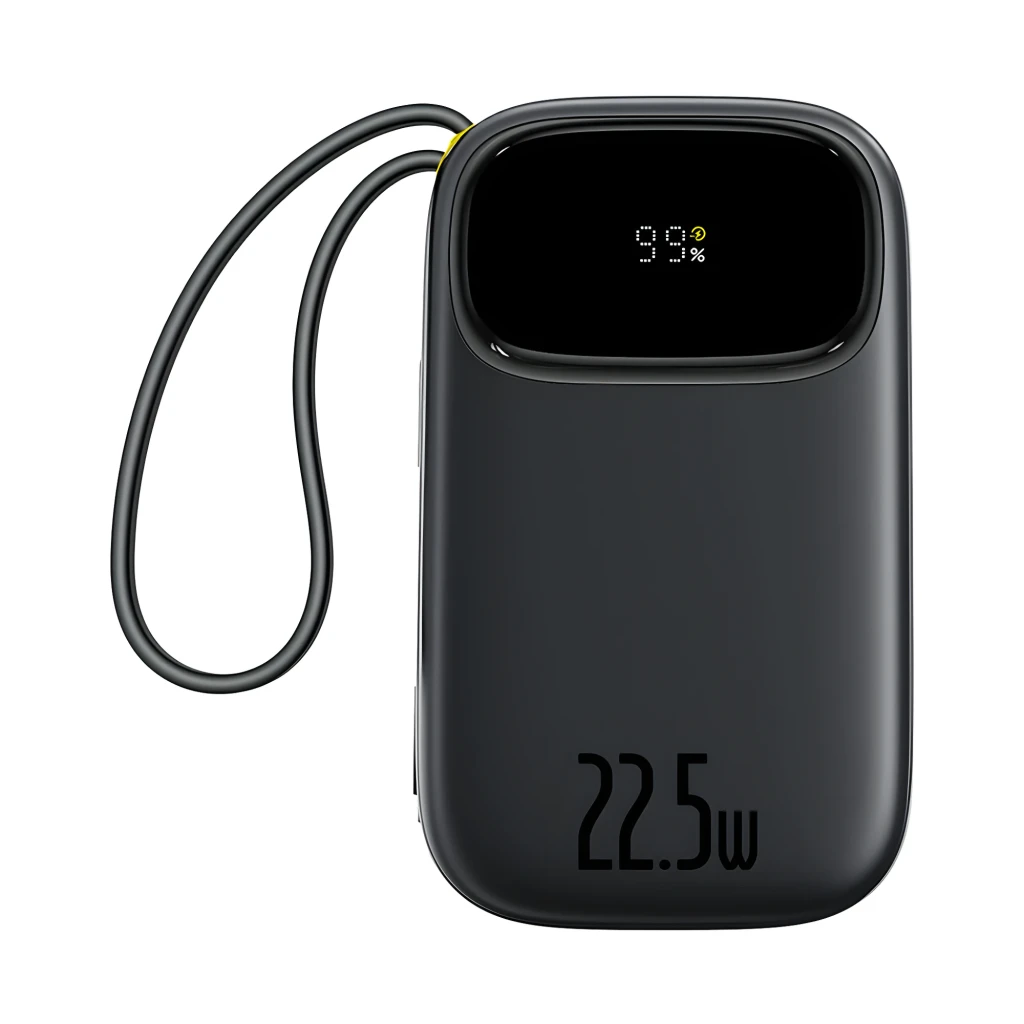 Power bank negro compacto con pantalla LED de porcentaje, correa lateral, acabado mate y potencia 22.5W; puertos USB-C y Lightning para carga rápida 20000mAh