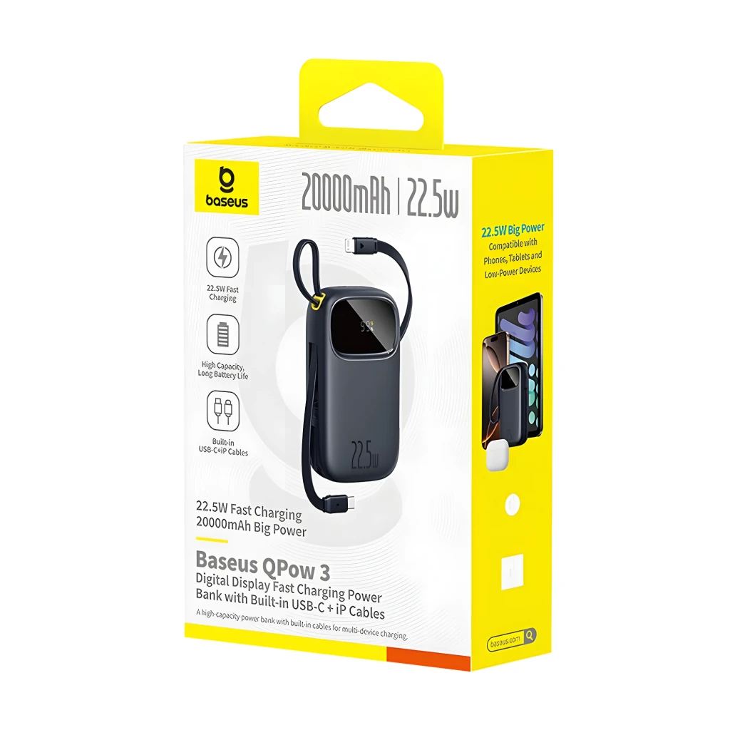 Power bank Baseus negro con pantalla digital 22.5W, capacidad 20000mAh, cables integrados USB-C y Lightning, diseño compacto y bordes redondeados