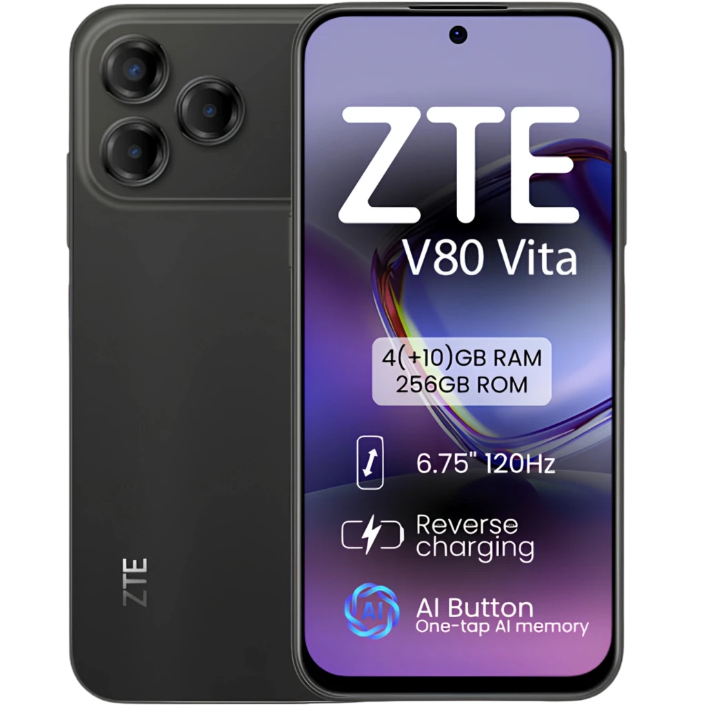ZTE Blade V80 Vita negro con pantalla 6.75 120 Hz, marcos delgados y cámara triple trasera; muestra 4+10 GB RAM, 256 GB, batería 5000 mAh y carga inversa