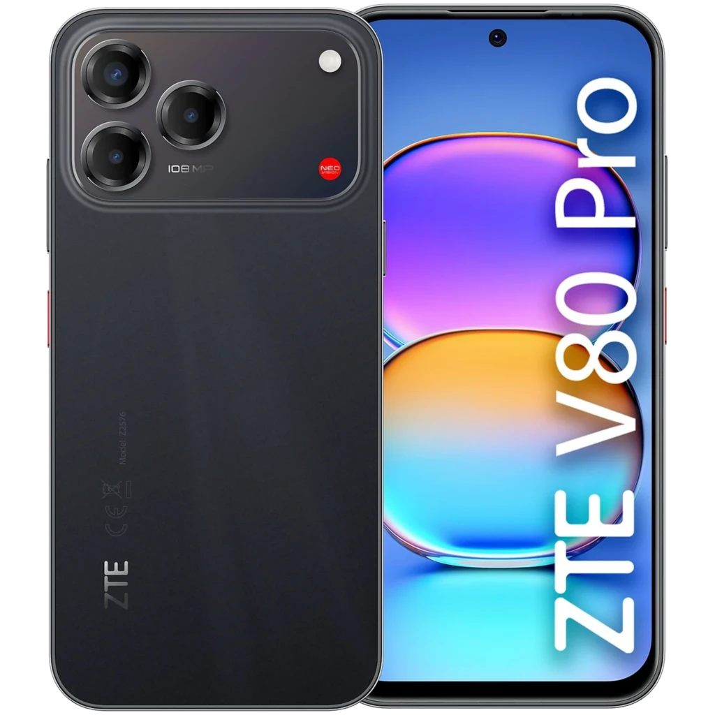 ZTE Blade V80 Pro negro con triple cámara 108 MP en módulo grande, pantalla sin bordes 120 Hz con agujero central, 8 GB RAM y 256 GB de almacenamiento