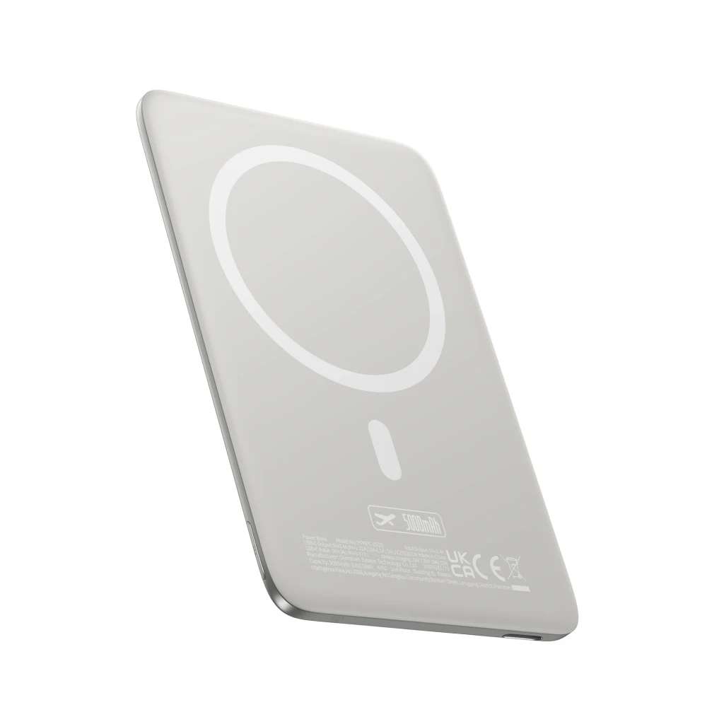 Power Bank Baseus PicoGo AM41 MagSafe 15W 20W 5000mAh USB-C en color gris, diseño delgado con anillo magnético circular y acabado mate elegante
