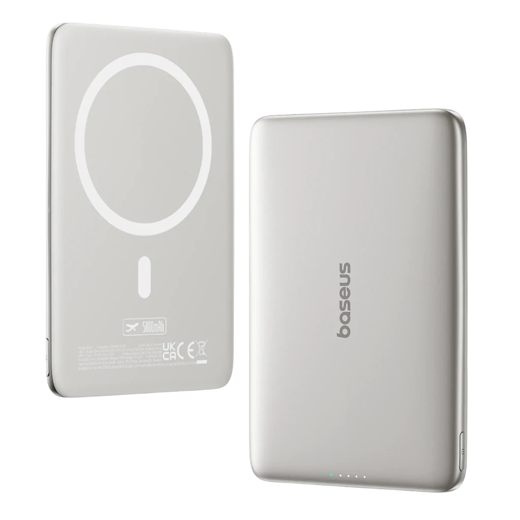 Power Bank Baseus PicoGo AM41 gris, compacto con aro MagSafe, acabado metálico, indicadores LED frontales y puerto USB-C; bordes redondeados y diseño