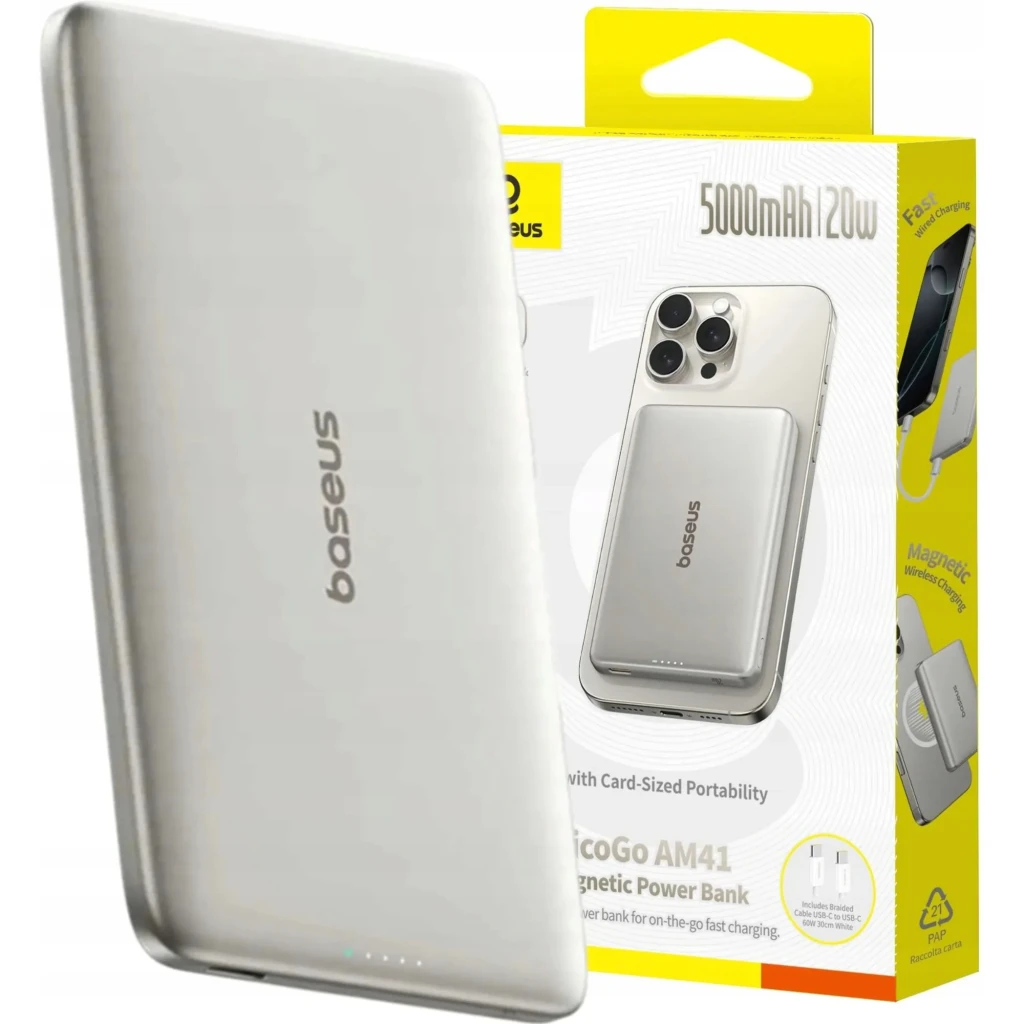 Power Bank Baseus PicoGo AM41 MagSafe gris, compacto tipo tarjeta, 5000mAh, carga inalámbrica 15W y USB-C 20W, indicador LED y diseño magnético para iPhone