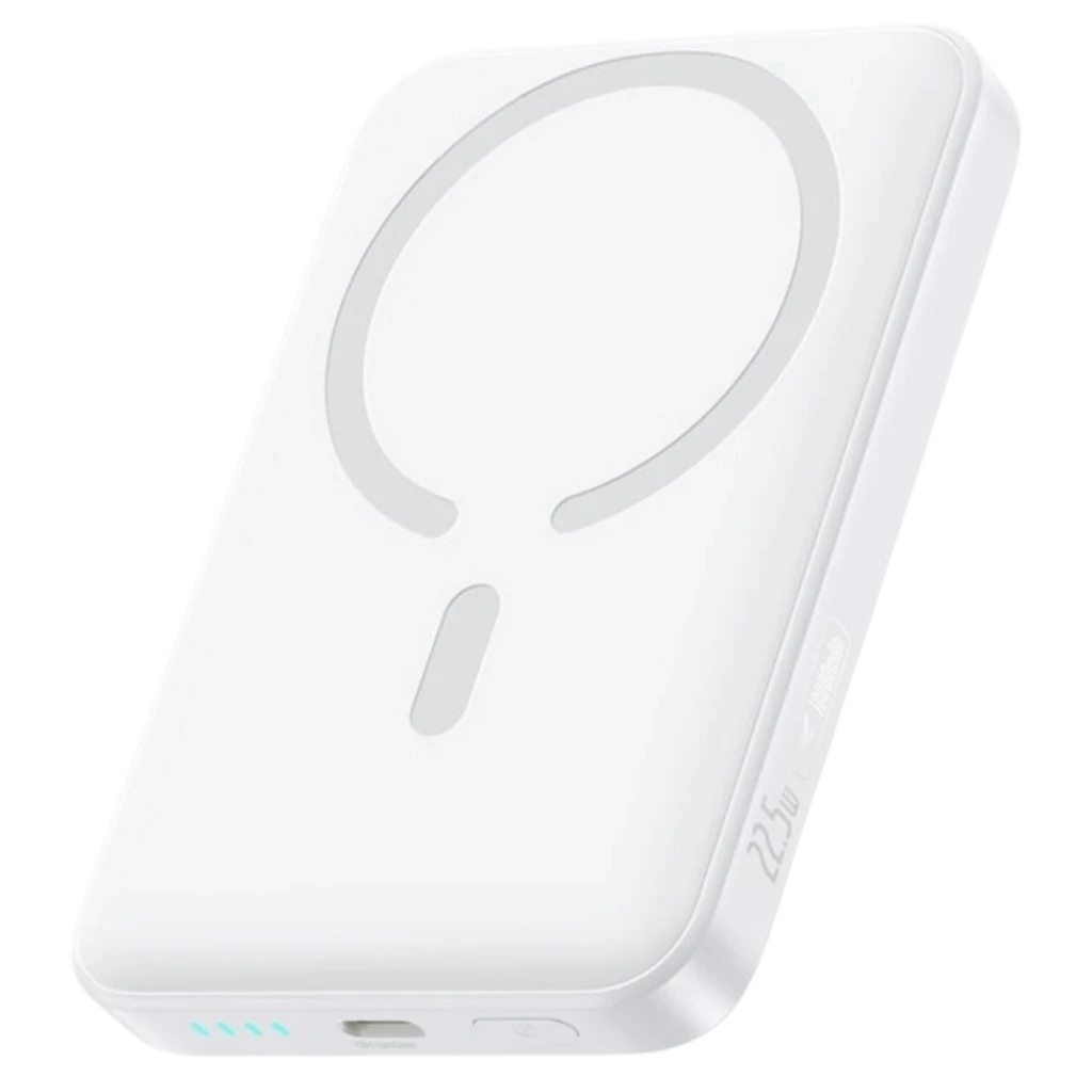 Power Bank Baseus EnerFill FM11 blanco, compacto, 10000mAh, 22.5W. Diseño magnético MagSafe con anillo, indicadores LED y puerto USB-C.