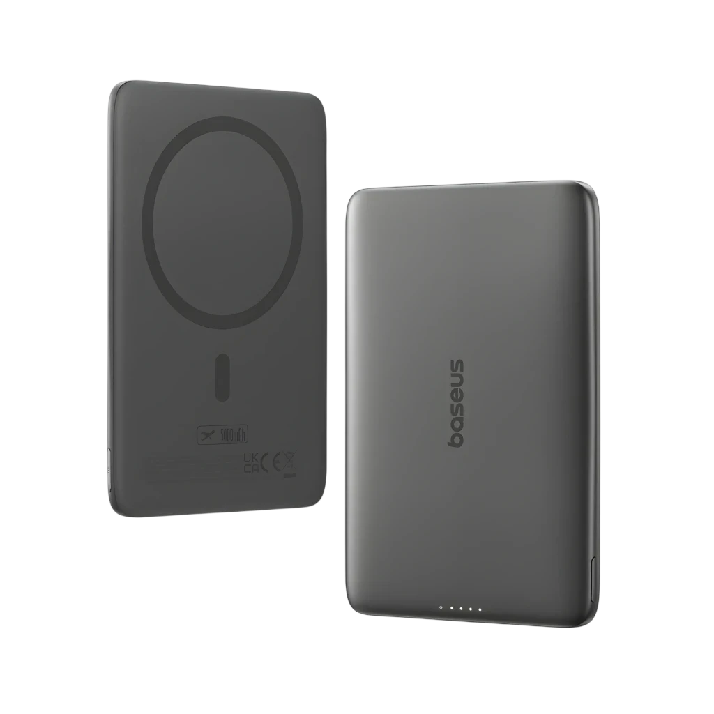 Batería externa MagSafe negra compacta con anillo magnético, puerto USB-C, 4 LEDs de carga y carcasa metálica lisa; diseño Baseus elegante y delgado