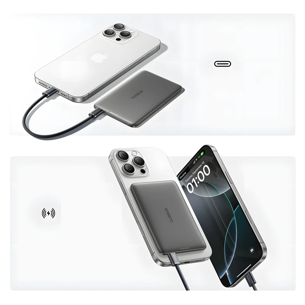 Power bank Baseus PicoGo AM41 gris, compacto y magnético MagSafe 15W, salida rápida 20W, 5000mAh, puerto USB-C, diseño delgado con LED indicador y cable