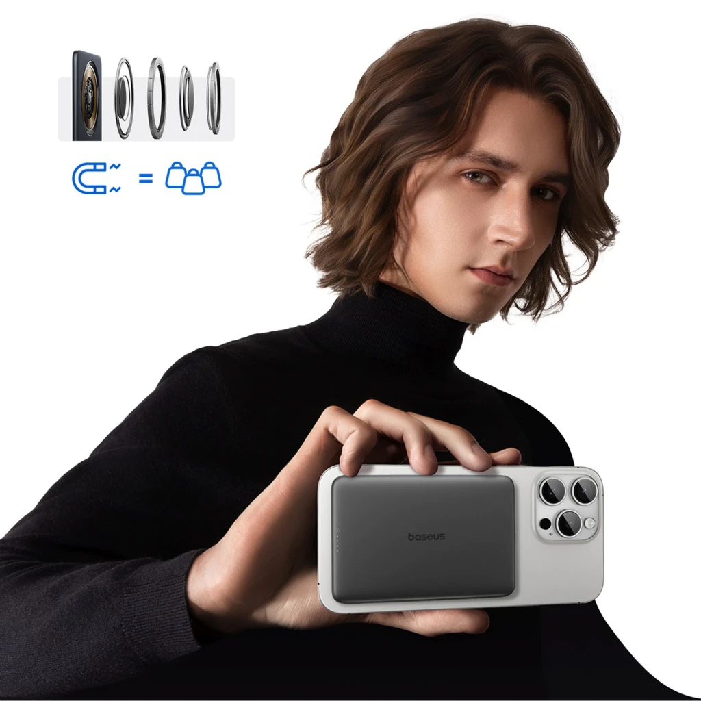 Power Bank Baseus PicoGo AM41 MagSafe 15W 20W 5000mAh USB-C en color gris, compacto, magnético y delgado, acoplado a iPhone con fuerte sujeción